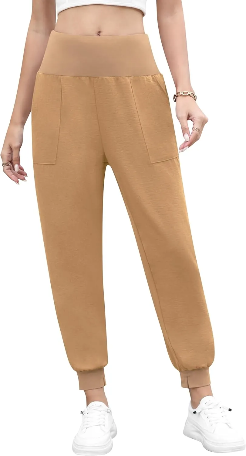 QUEZHU Women High Waist Joggers Palazzo Pants Fall Elastic Waist Casual Lounge Pants with Pockets