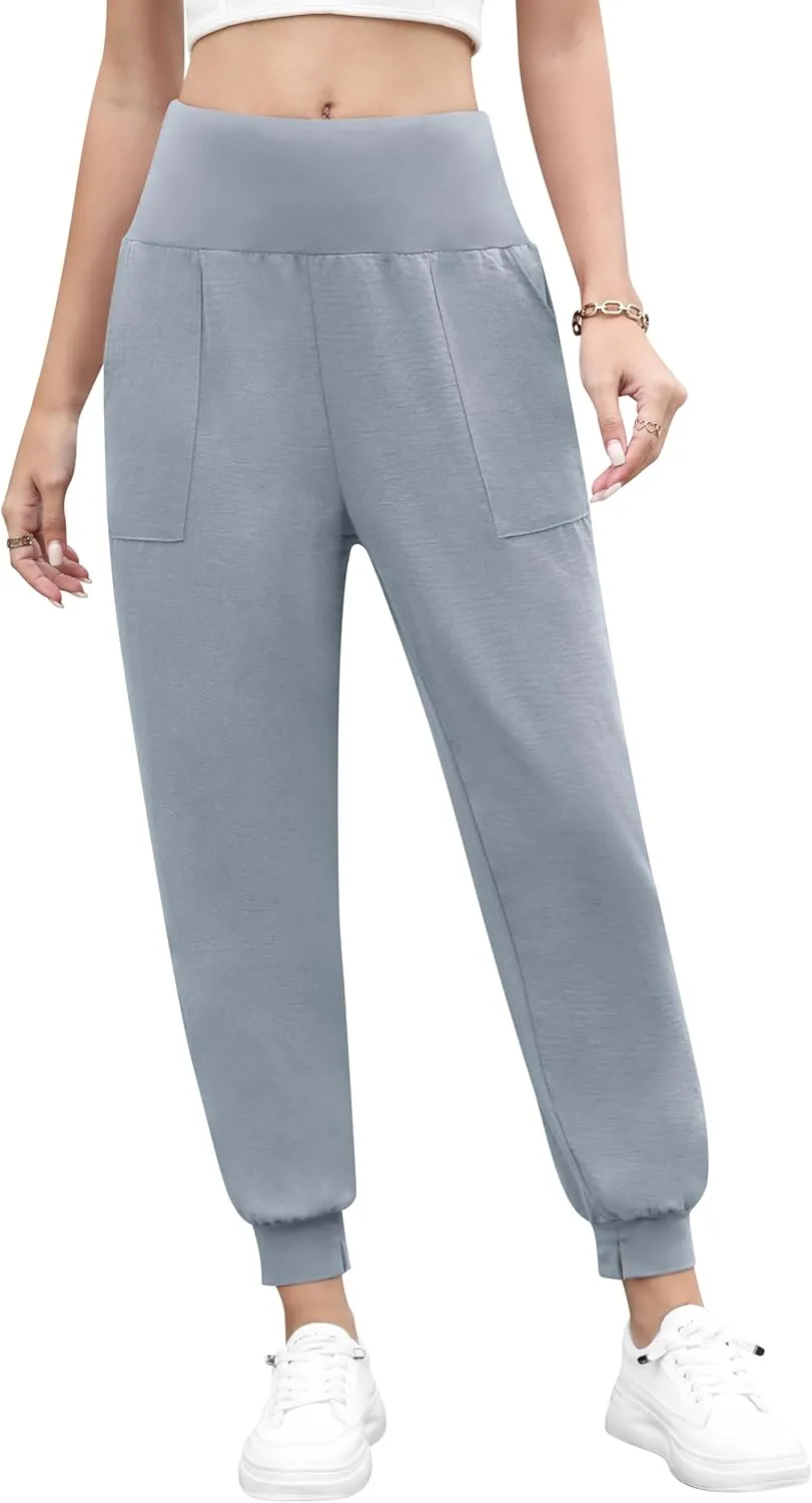 QUEZHU Women High Waist Joggers Palazzo Pants Fall Elastic Waist Casual Lounge Pants with Pockets