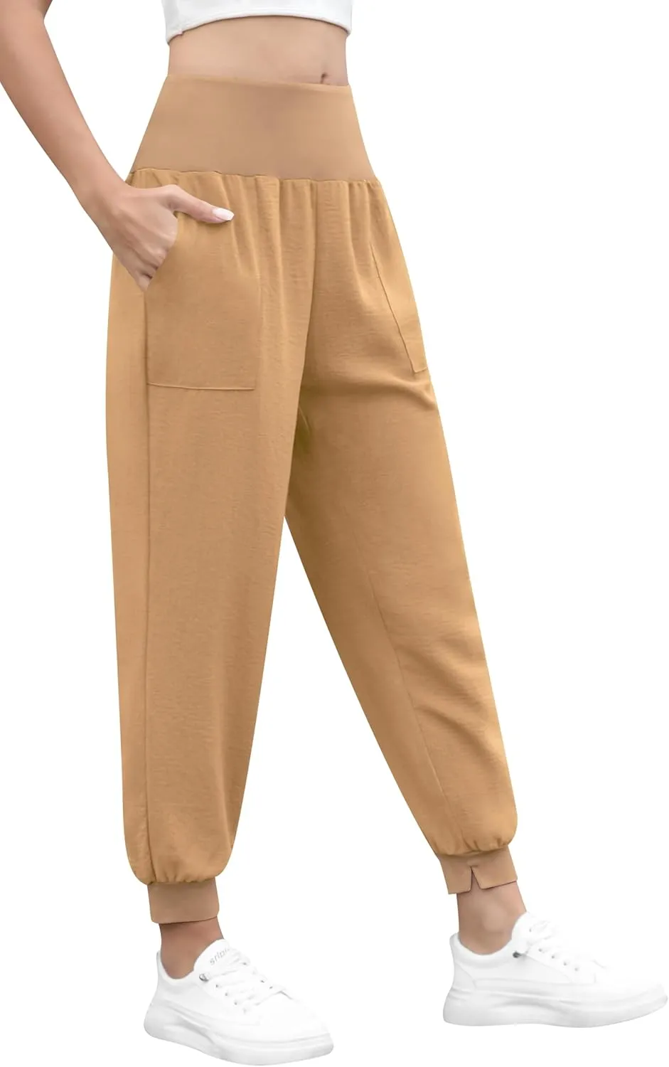 QUEZHU Women High Waist Joggers Palazzo Pants Fall Elastic Waist Casual Lounge Pants with Pockets