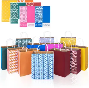 Racrico 12PCS Paper Gift Bags with Handles in Solids and Geometric Patterns Design,12.5X5X10 INCH Assorted Gift Bags with Stickers For Birthdays,Party Favor.