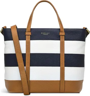 RADLEY London Farringdon Stripe Women's Medium Leather Ziptop Satchel Bag, Caramel