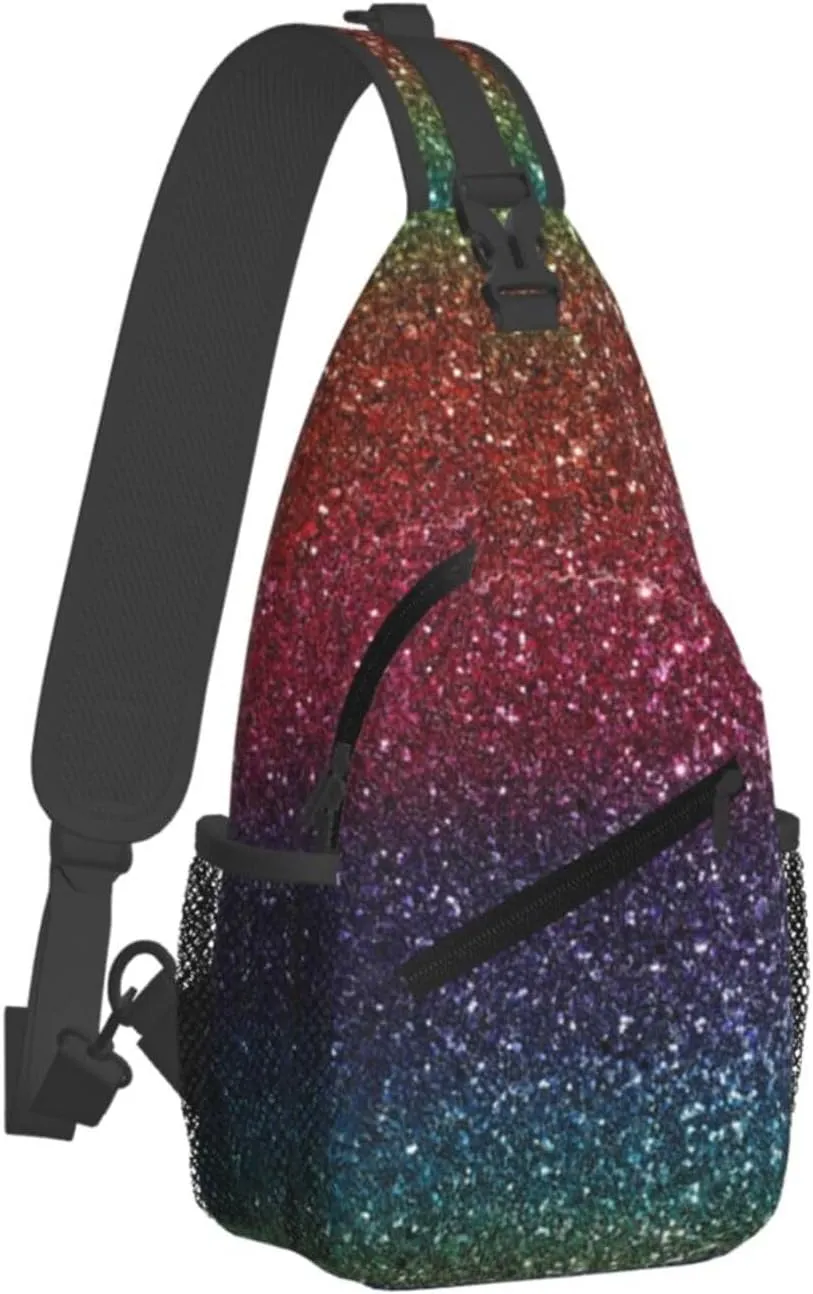 Rainbow Glitter Bling Print Small Sling Bags For Men Women Unisex Lightweight Shoulder Backpack Small Crossbody Chest Sling Travel Hiking Walking Cycling Casual Daypack with Adjustable Strap