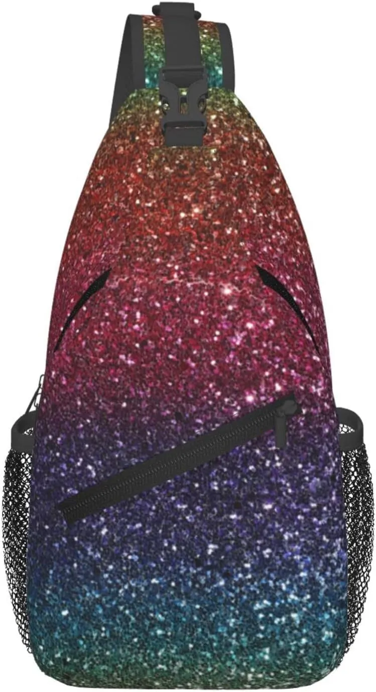 Rainbow Glitter Bling Print Small Sling Bags For Men Women Unisex Lightweight Shoulder Backpack Small Crossbody Chest Sling Travel Hiking Walking Cycling Casual Daypack with Adjustable Strap