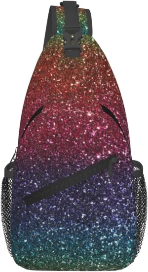 Rainbow Glitter Bling Print Small Sling Bags For Men Women Unisex Lightweight Shoulder Backpack Small Crossbody Chest Sling Travel Hiking Walking Cycling Casual Daypack with Adjustable Strap
