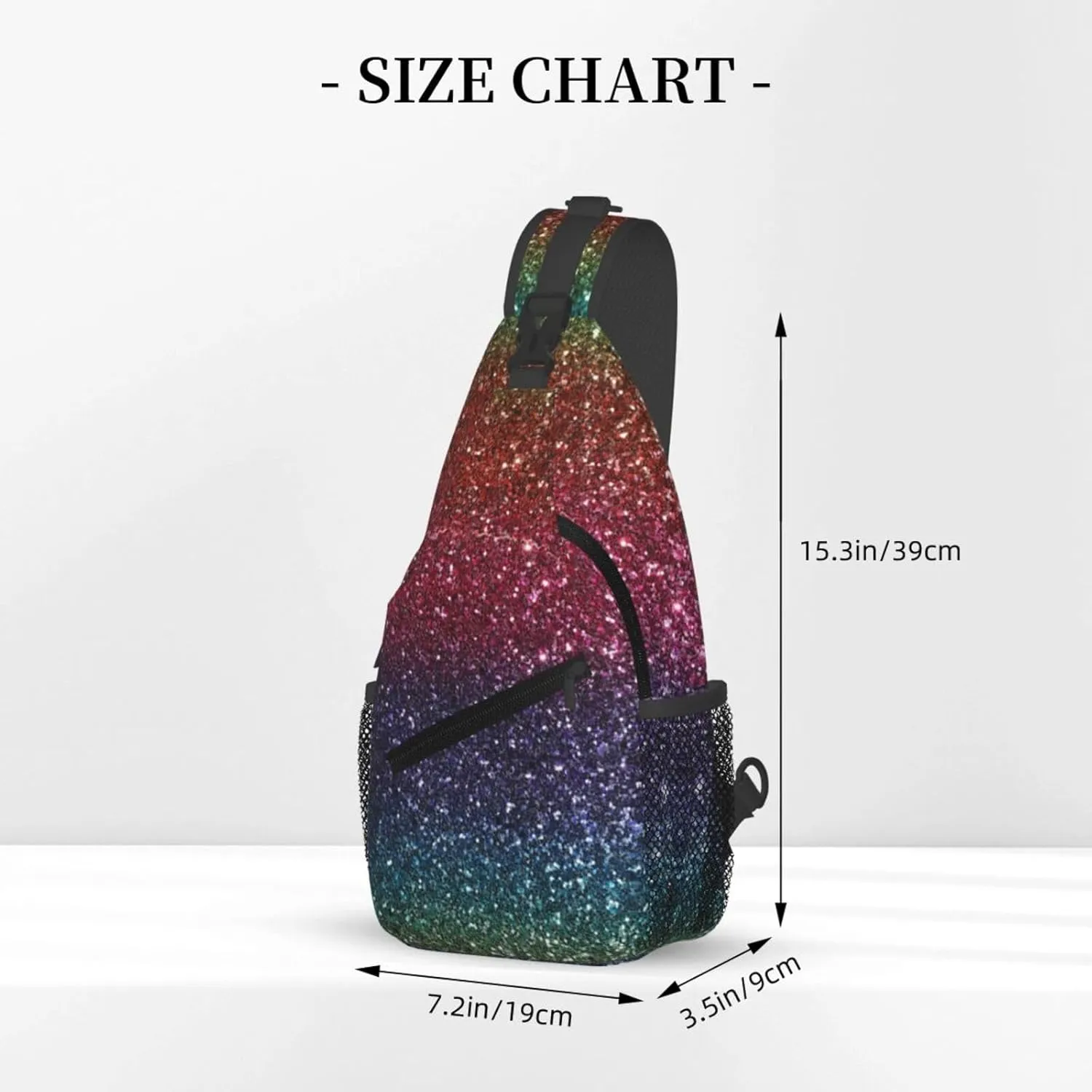 Rainbow Glitter Bling Print Small Sling Bags For Men Women Unisex Lightweight Shoulder Backpack Small Crossbody Chest Sling Travel Hiking Walking Cycling Casual Daypack with Adjustable Strap