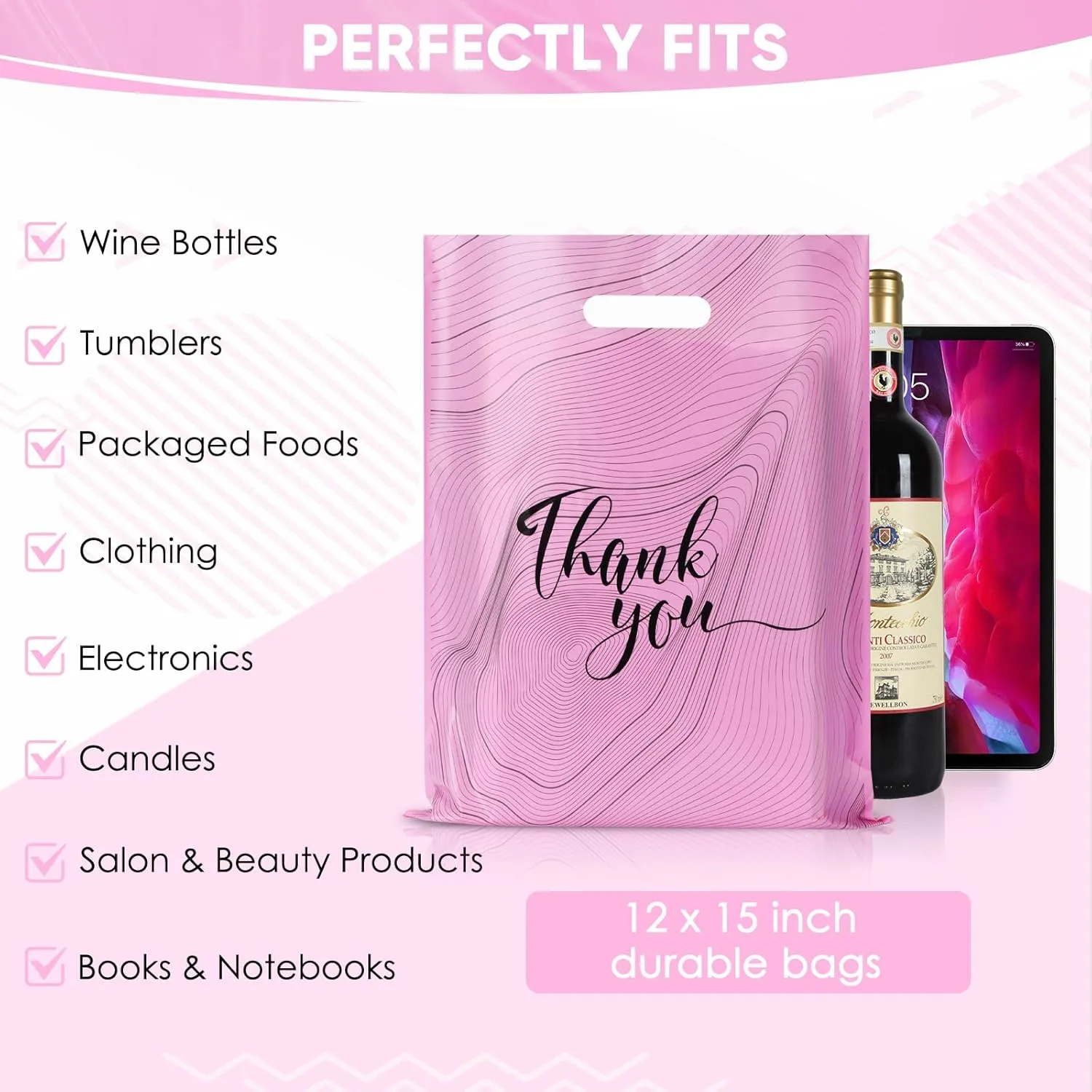 Rainbows & Lilies 100 Thank You Plastic Bags with Handles - 12"W x 15"H Thick Reusable Bulk Shopping Bags for Small Business, Retail, Boutique Shop, Clothes, Gifts, Tshirts, Goodie Party Favors (Pink)