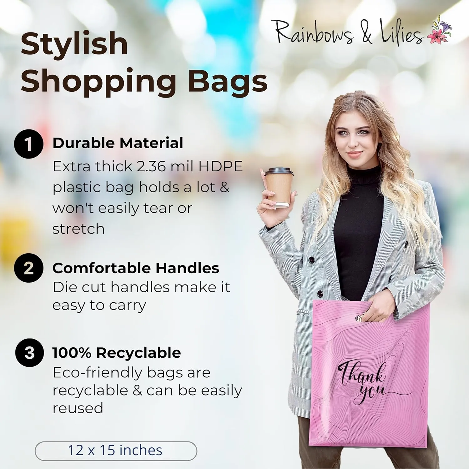 Rainbows & Lilies 100 Thank You Plastic Bags with Handles - 12"W x 15"H Thick Reusable Bulk Shopping Bags for Small Business, Retail, Boutique Shop, Clothes, Gifts, Tshirts, Goodie Party Favors (Pink)