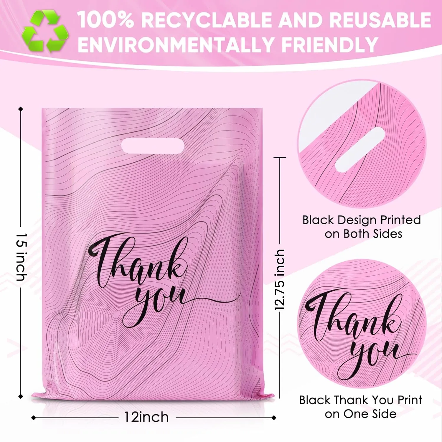 Rainbows & Lilies 100 Thank You Plastic Bags with Handles - 12"W x 15"H Thick Reusable Bulk Shopping Bags for Small Business, Retail, Boutique Shop, Clothes, Gifts, Tshirts, Goodie Party Favors (Pink)