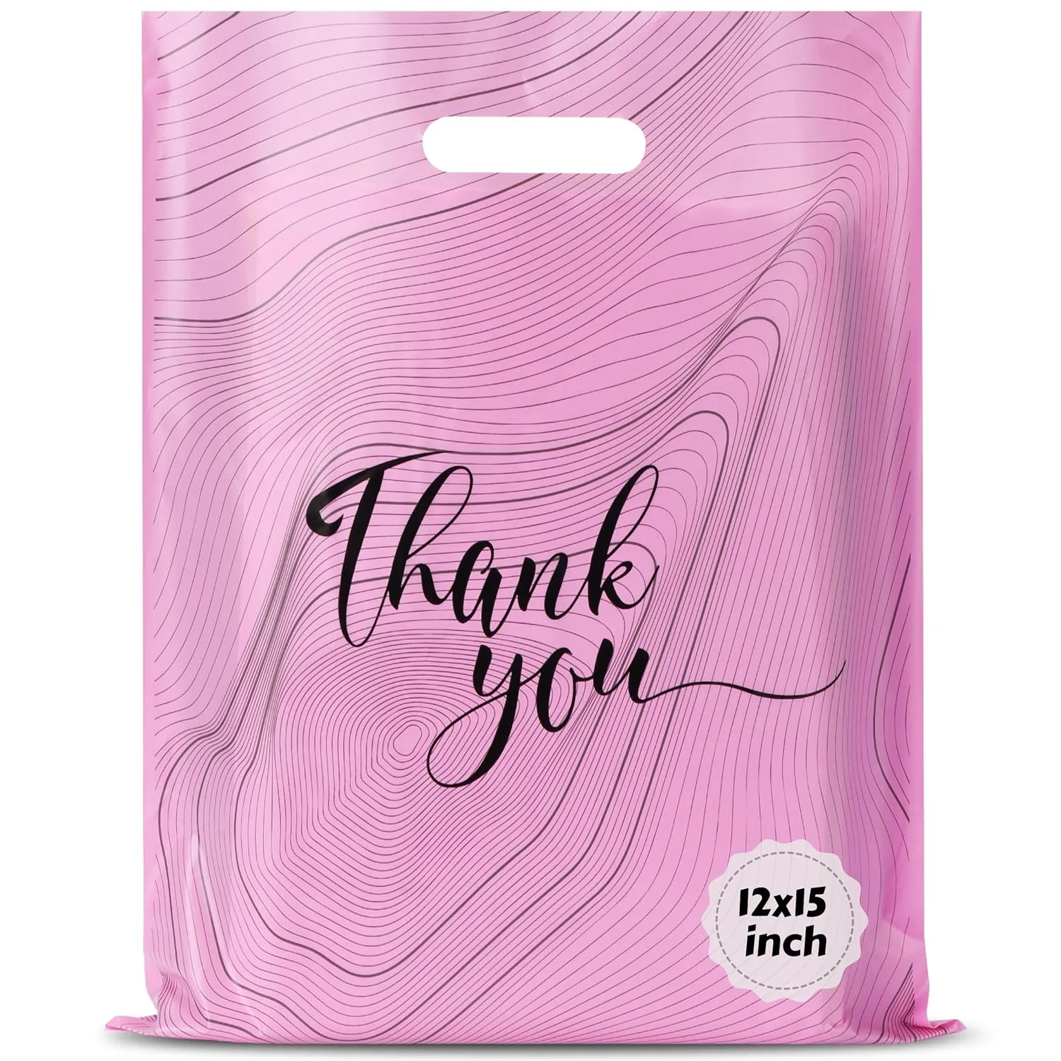 Rainbows & Lilies 100 Thank You Plastic Bags with Handles - 12"W x 15"H Thick Reusable Bulk Shopping Bags for Small Business, Retail, Boutique Shop, Clothes, Gifts, Tshirts, Goodie Party Favors (Pink)