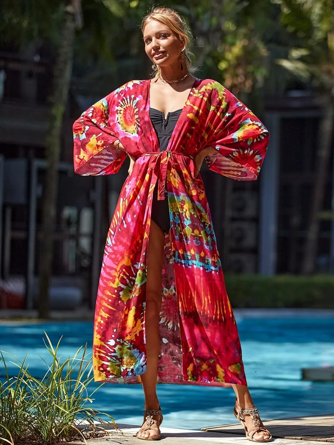 RanRui Womenloose Kimono Duster Beach Blouse Long Beach Kimono Robe Cover ups Kimonos for Women
