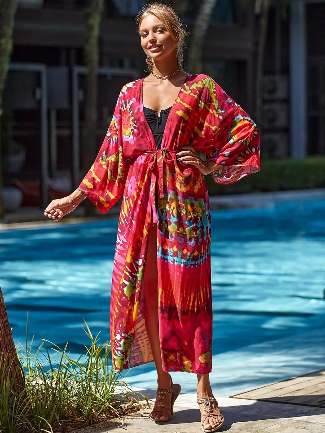 RanRui Womenloose Kimono Duster Beach Blouse Long Beach Kimono Robe Cover ups Kimonos for Women