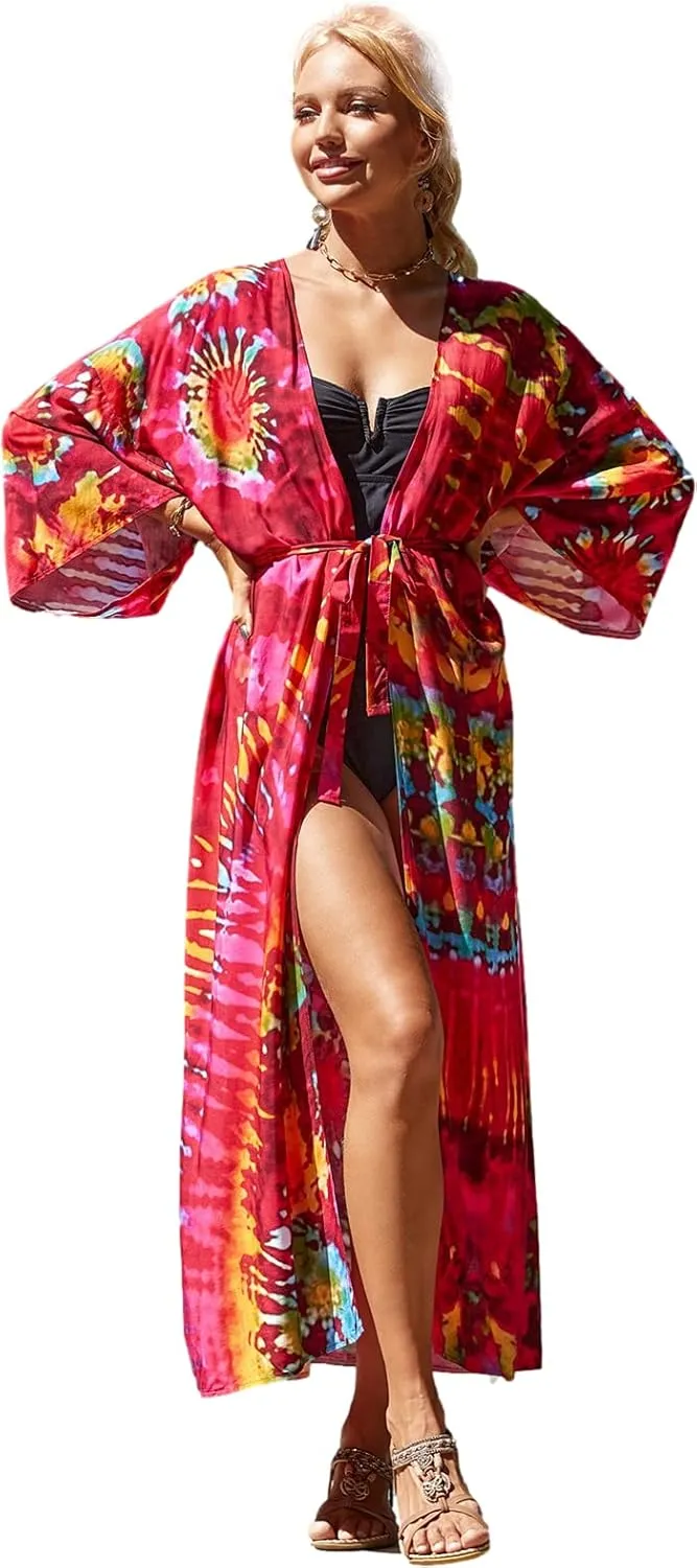 RanRui Womenloose Kimono Duster Beach Blouse Long Beach Kimono Robe Cover ups Kimonos for Women