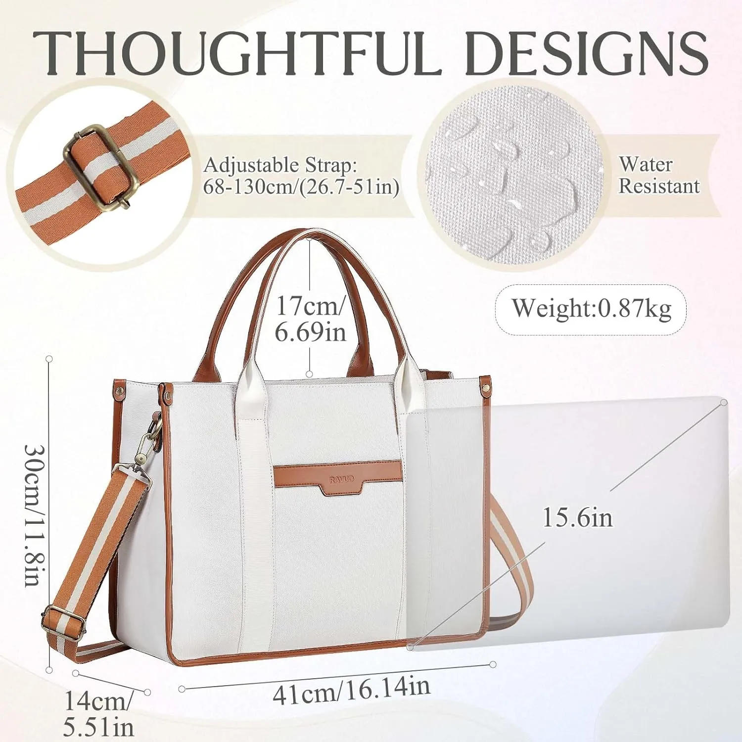 RAVUO Laptop Tote Bag Women, Water Resistant 15.6 Inch Large Canvas Handbag Business Briefcase With Detachable Shoulder Strap