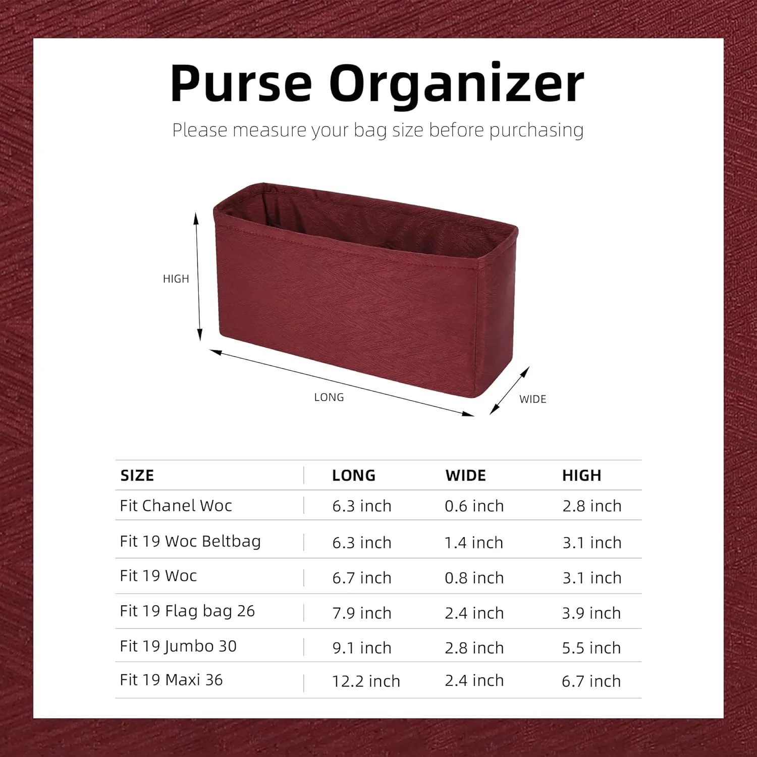Rayon Purse Organizer Insert, unique pattern Bag organizer, bag in bag for luxury bags, fit Chanel 19 bags (19 Jumbo30, Wine Red)