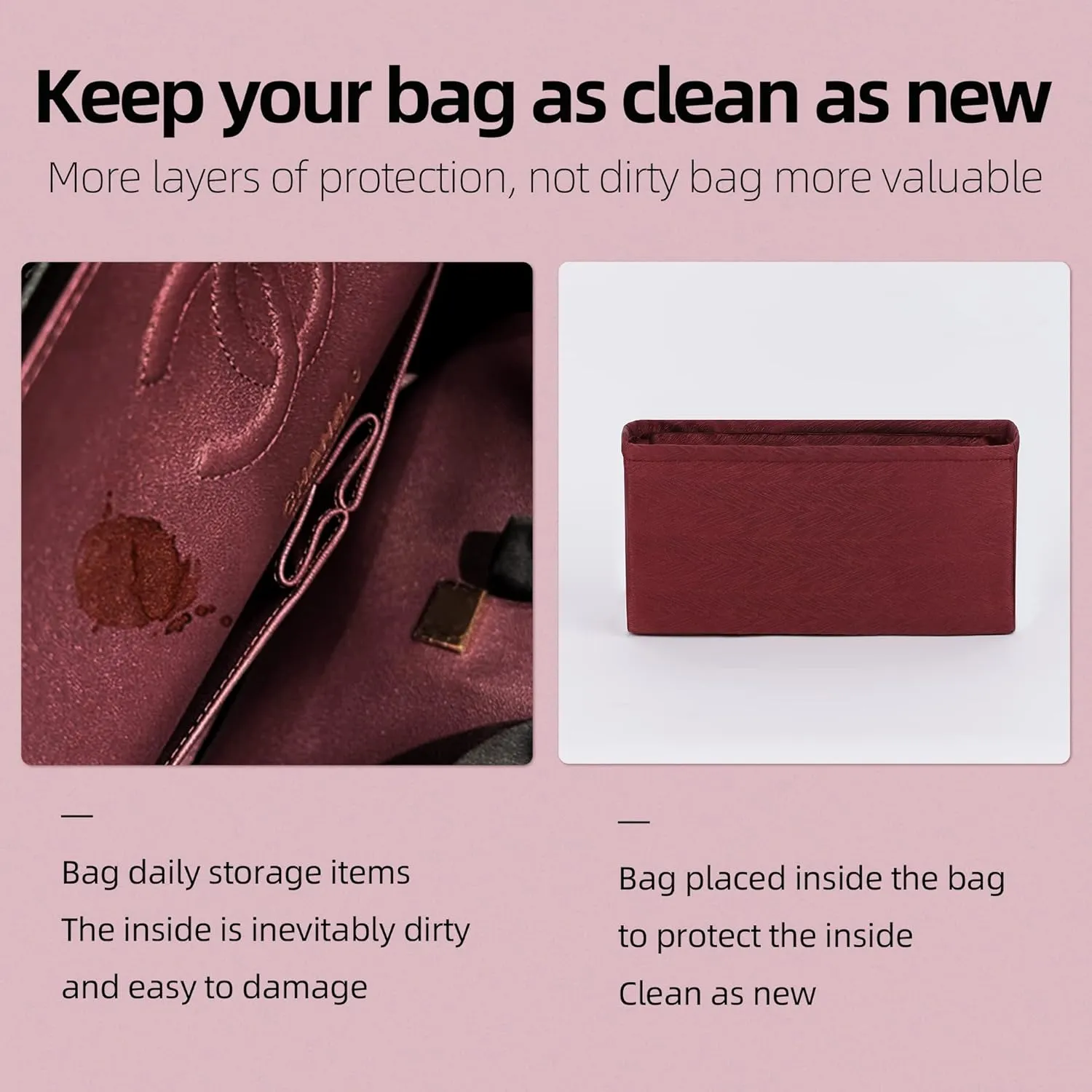 Rayon Purse Organizer Insert, unique pattern Bag organizer, bag in bag for luxury bags, fit Chanel 19 bags (19 Jumbo30, Wine Red)