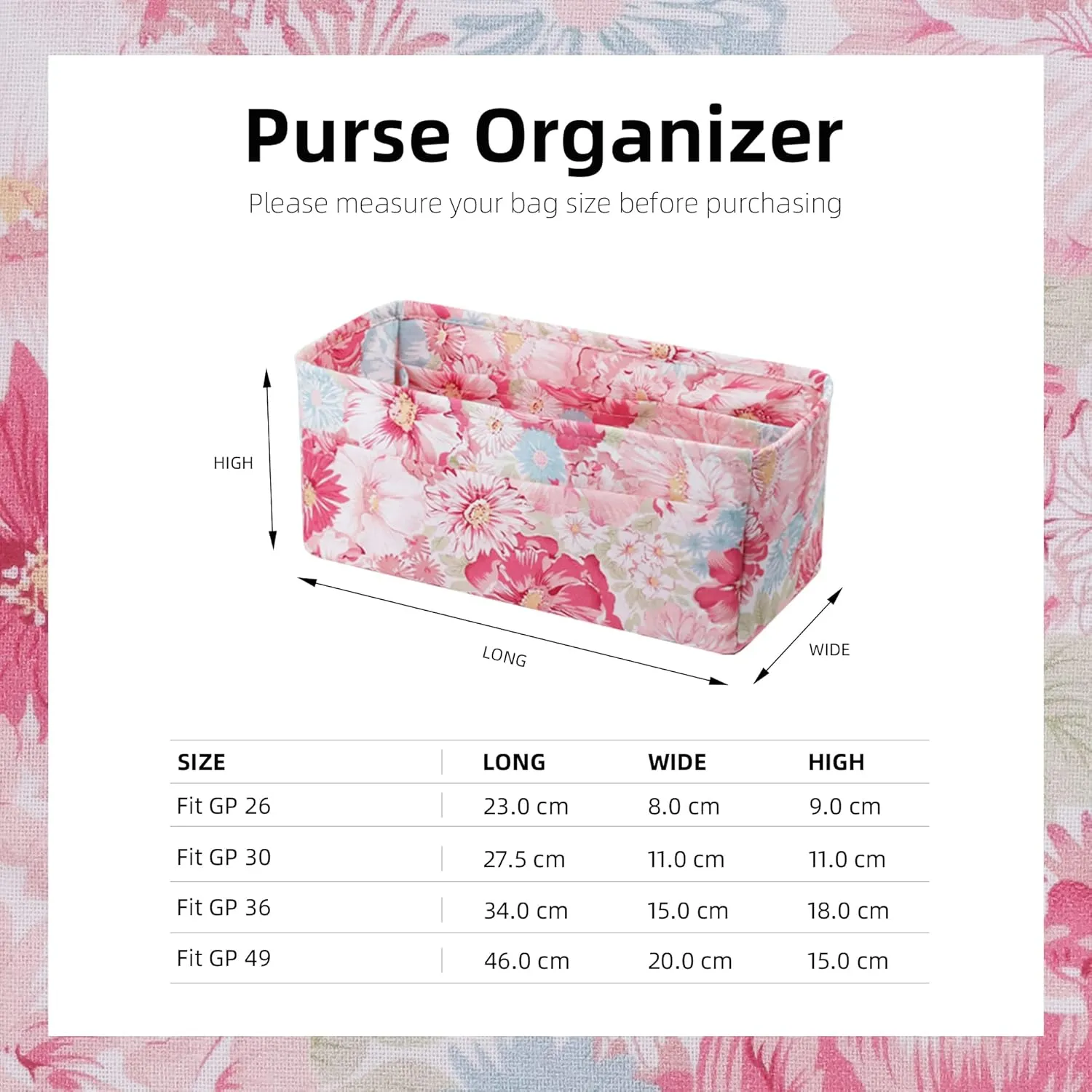 Rayon Purse Organizer Insert, unique pattern Bag organizer, bag in bag for luxury bags, fit Garden Party 26/30/36/49 bags (GP26,Blooming)