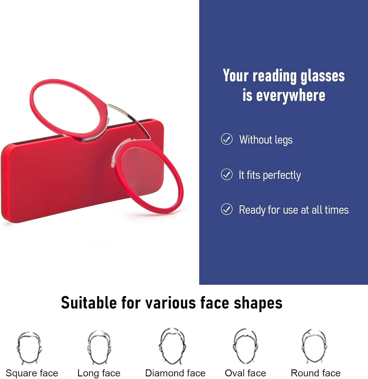 REAVEE 2 Pack Pinch Nose Clip on Reading Glasses Armless for Men Women, No Temple Slim Compact Readers Ultra Thin with Mini Portable Case, Black and Red  1.0