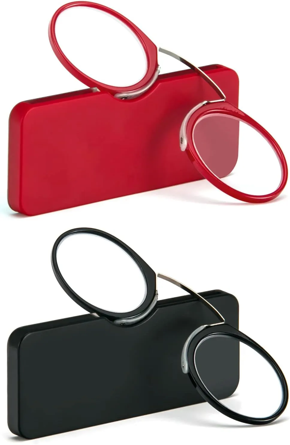 REAVEE 2 Pack Pinch Nose Clip on Reading Glasses Armless for Men Women, No Temple Slim Compact Readers Ultra Thin with Mini Portable Case, Black and Red  1.0
