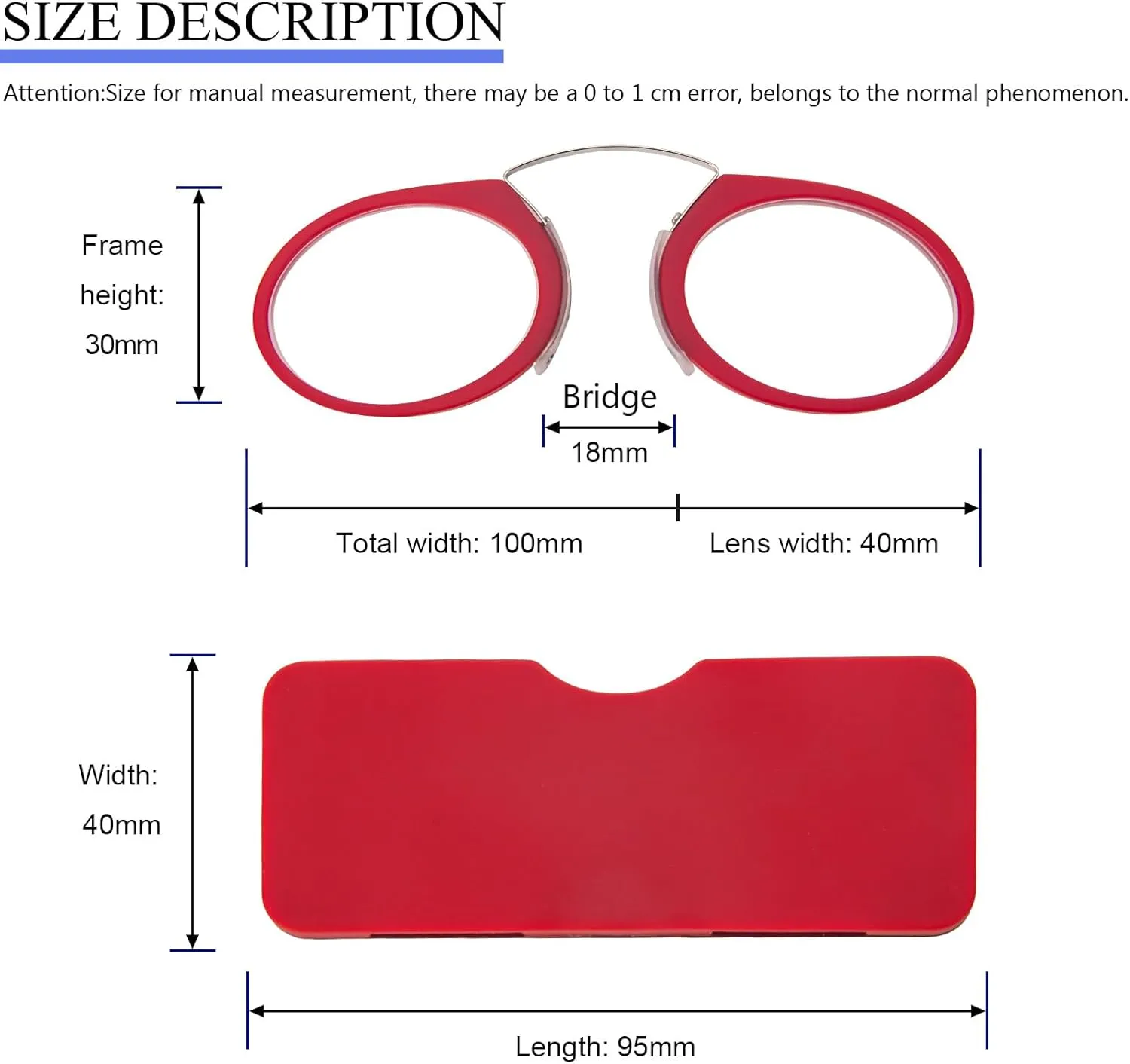 REAVEE 2 Pack Pinch Nose Clip on Reading Glasses Armless for Men Women, No Temple Slim Compact Readers Ultra Thin with Mini Portable Case, Black and Red  1.0