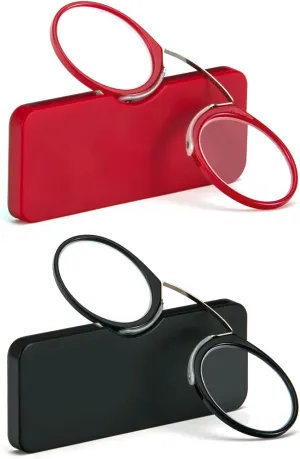 REAVEE 2 Pack Pinch Nose Clip on Reading Glasses Armless for Men Women, No Temple Slim Compact Readers Ultra Thin with Mini Portable Case, Black and Red  1.0