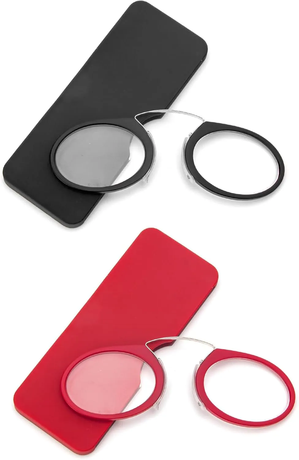 REAVEE 2 Pack Pinch Nose Clip on Reading Glasses Armless for Men Women, No Temple Slim Compact Readers Ultra Thin with Mini Portable Case, Black and Red  1.0