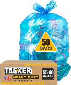 Recycling Trash Bags 55 Gallon, (50 Bags w/Ties) Large Blue Plastic Garbage Bags