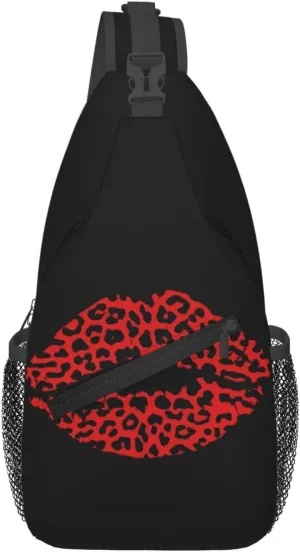 Red Black Leopard Lips Crossbody Bag Cross Chest Bag Adjustable Sling Backpack Sports Gym Shoulder Bags Travel Cycling Daypack Diagonally Casual Rucksack