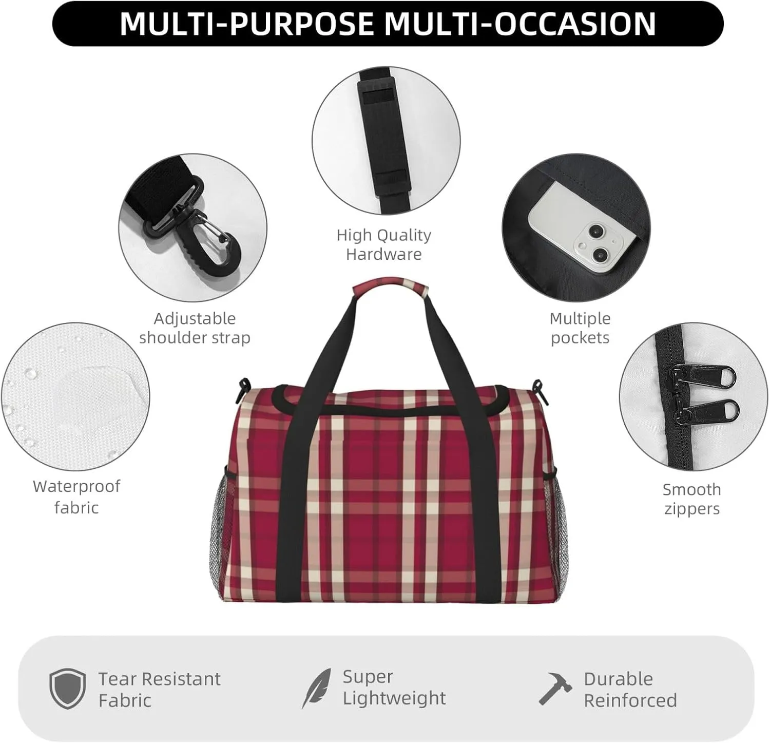 Red Black Thin Line Grid Travel Duffel Bag Large Foldable Waterproof Overnight Bag For Beach Swim Bags Pool Sports Gym