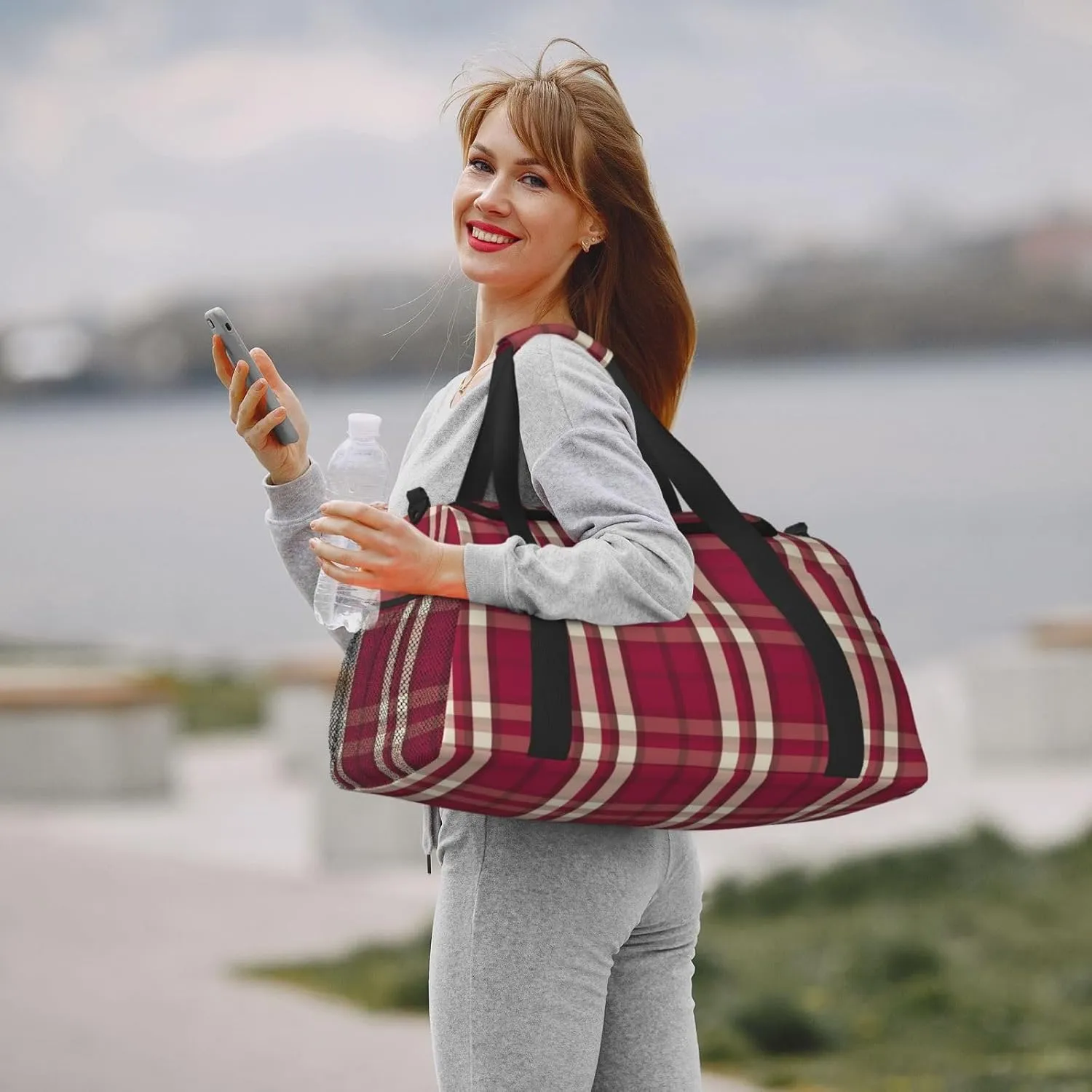 Red Black Thin Line Grid Travel Duffel Bag Large Foldable Waterproof Overnight Bag For Beach Swim Bags Pool Sports Gym