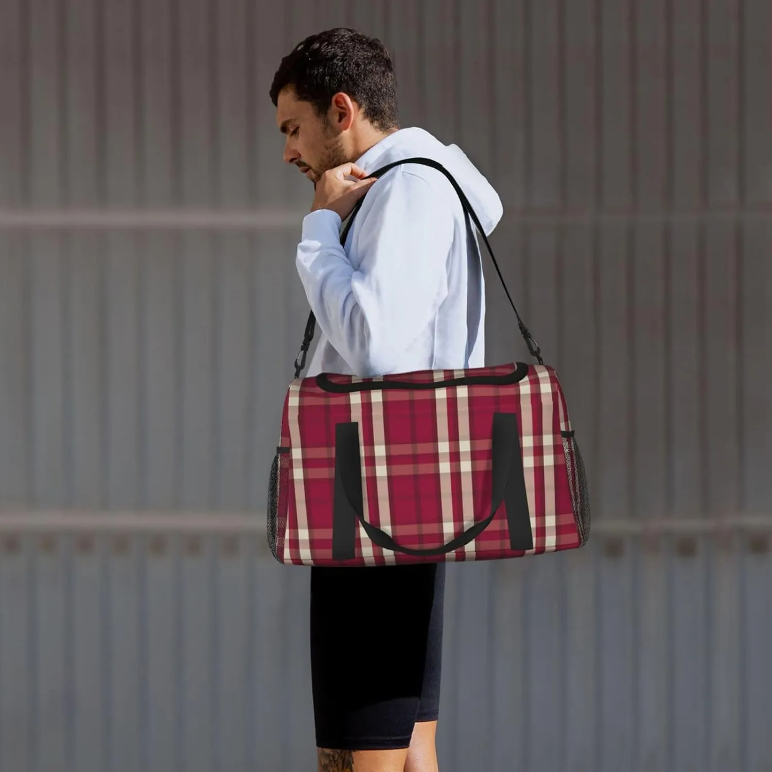 Red Black Thin Line Grid Travel Duffel Bag Large Foldable Waterproof Overnight Bag For Beach Swim Bags Pool Sports Gym