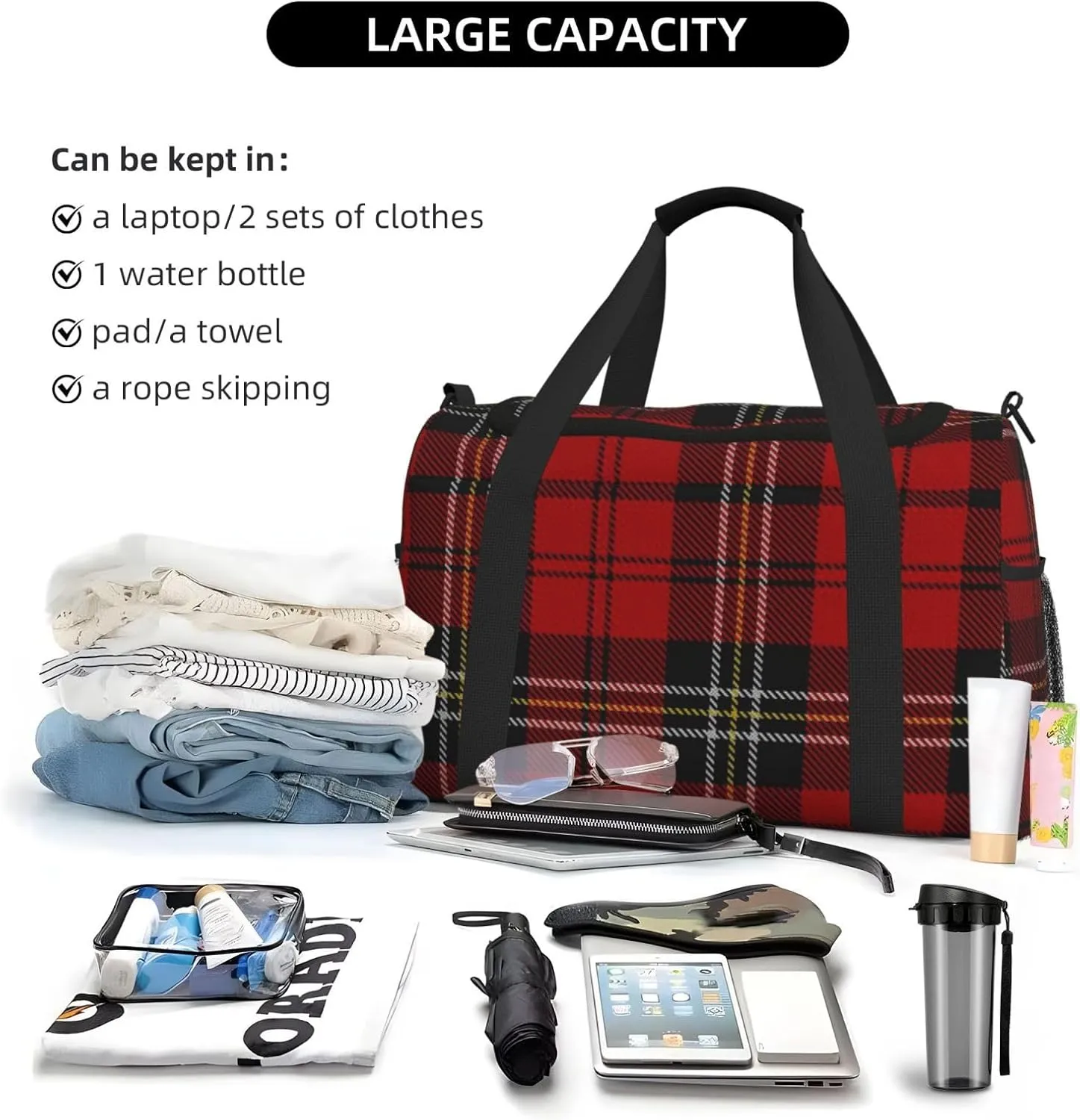 Red Grid Thin Line Travel Duffel Bag Large Foldable Waterproof Overnight Bag For Beach Swim Bags Pool Sports Gym