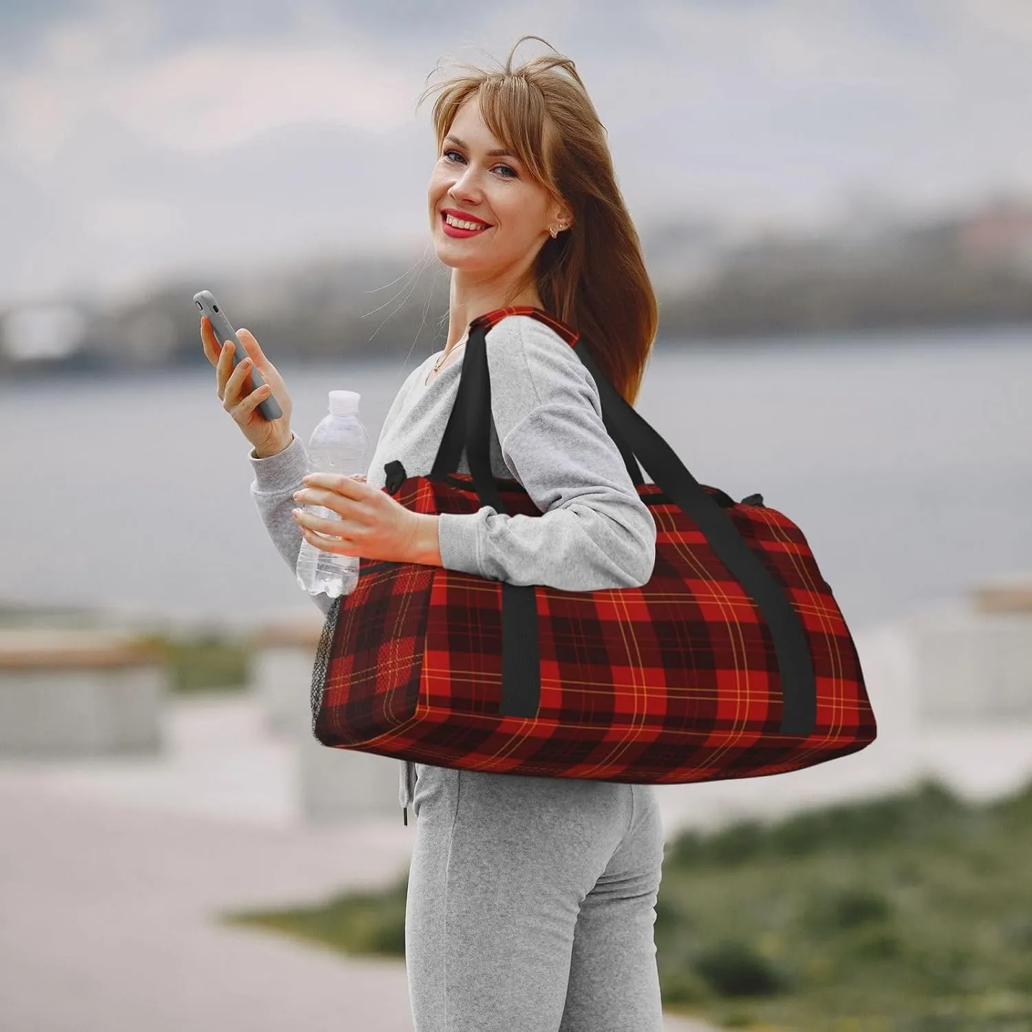 Red Grid Thin Line Travel Duffel Bag Large Foldable Waterproof Overnight Bag For Beach Swim Bags Pool Sports Gym