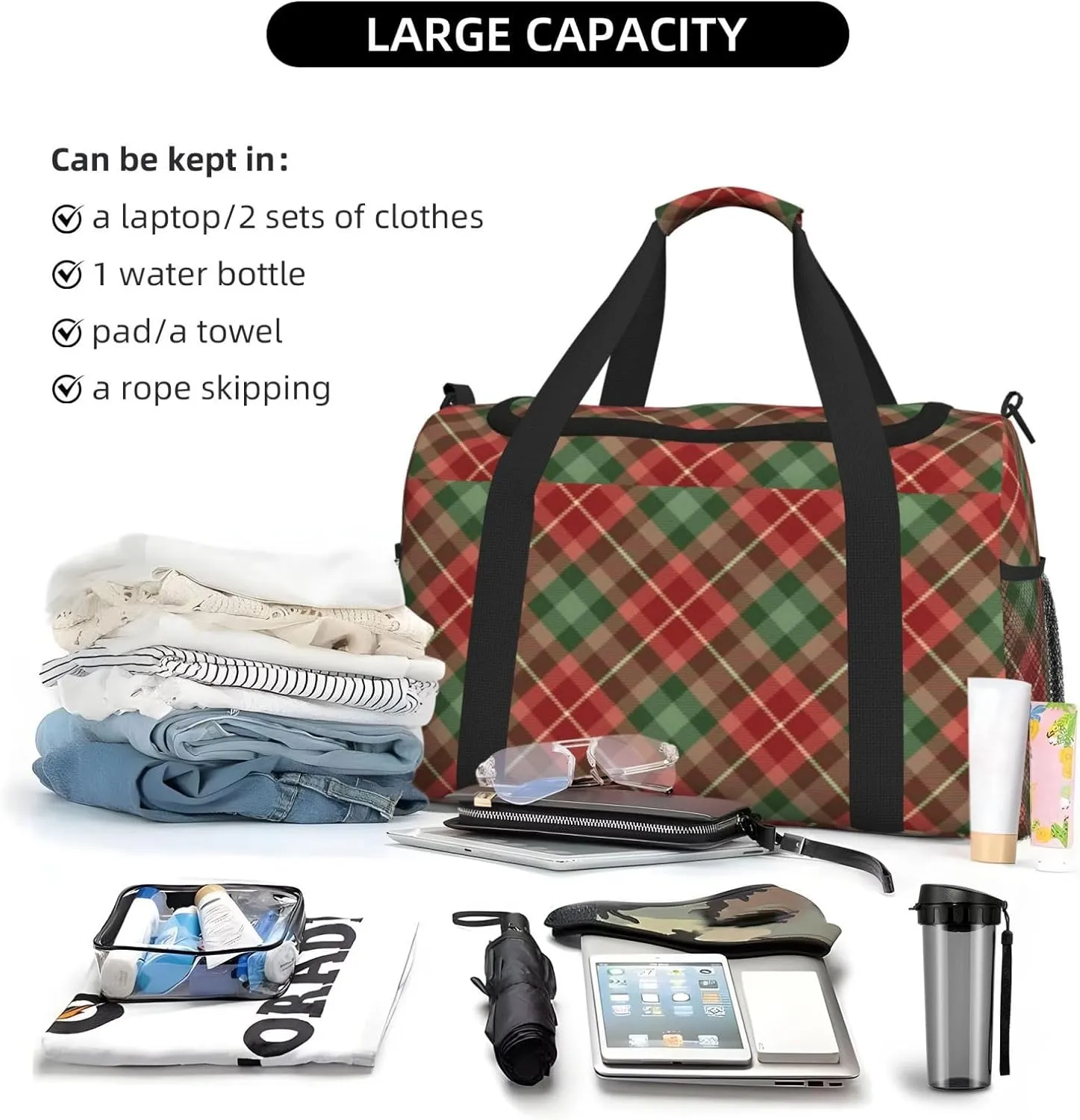 Red Grid Thin Line Travel Duffel Bag Large Foldable Waterproof Overnight Bag For Beach Swim Bags Pool Sports Gym