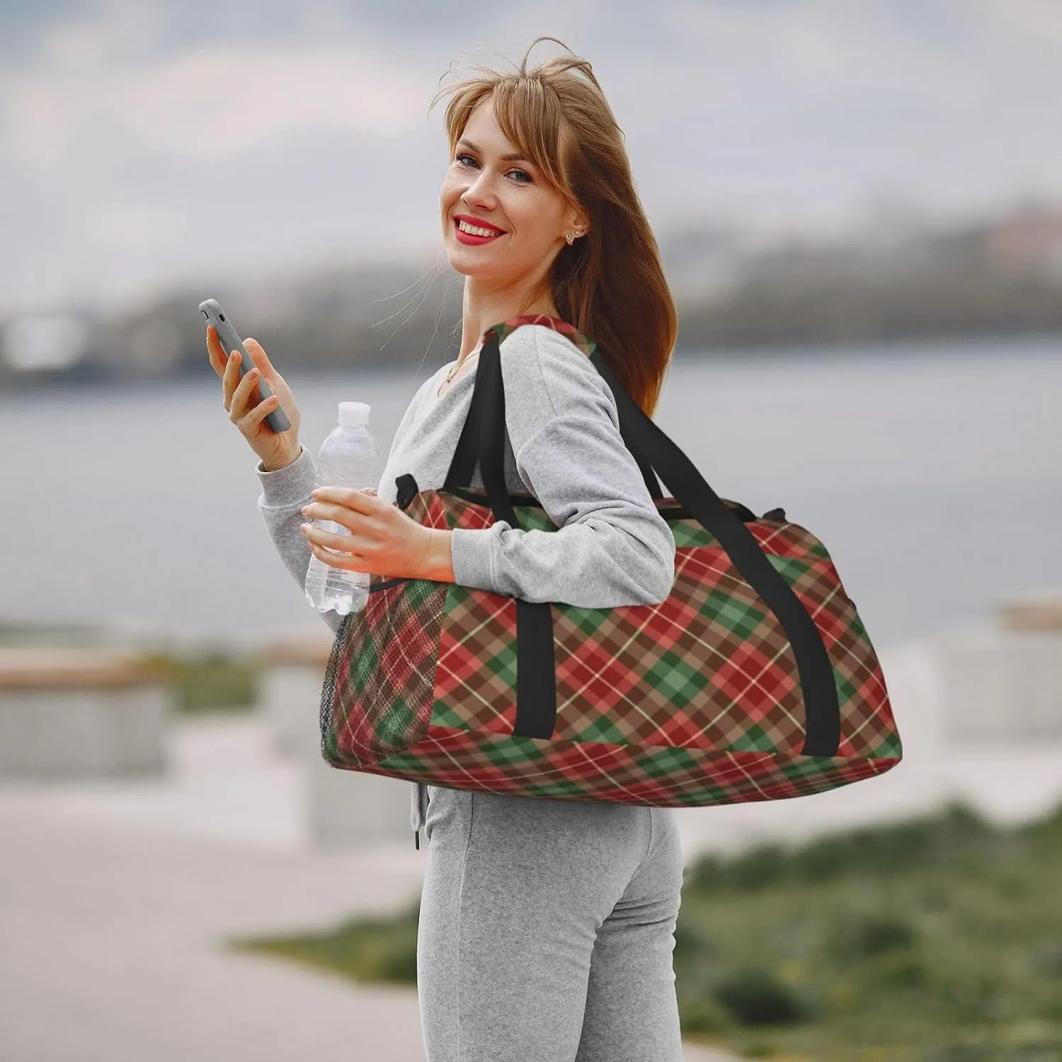 Red Grid Thin Line Travel Duffel Bag Large Foldable Waterproof Overnight Bag For Beach Swim Bags Pool Sports Gym