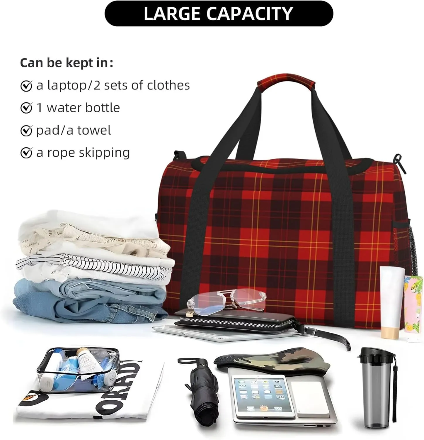 Red Grid Thin Line Travel Duffel Bag Large Foldable Waterproof Overnight Bag For Beach Swim Bags Pool Sports Gym