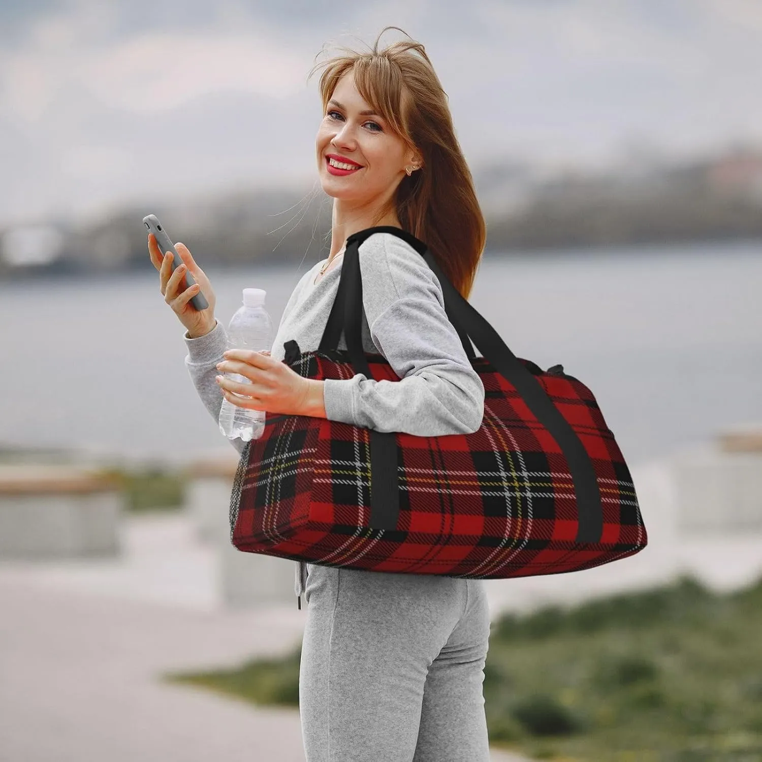 Red Grid Thin Line Travel Duffel Bag Large Foldable Waterproof Overnight Bag For Beach Swim Bags Pool Sports Gym