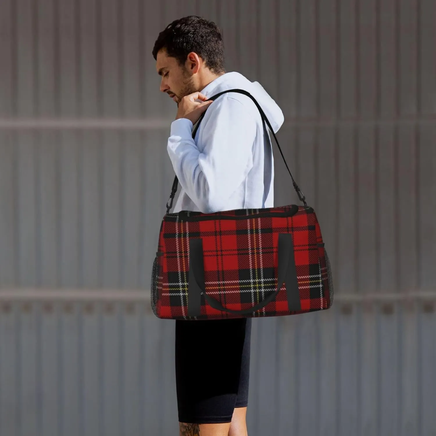 Red Grid Thin Line Travel Duffel Bag Large Foldable Waterproof Overnight Bag For Beach Swim Bags Pool Sports Gym
