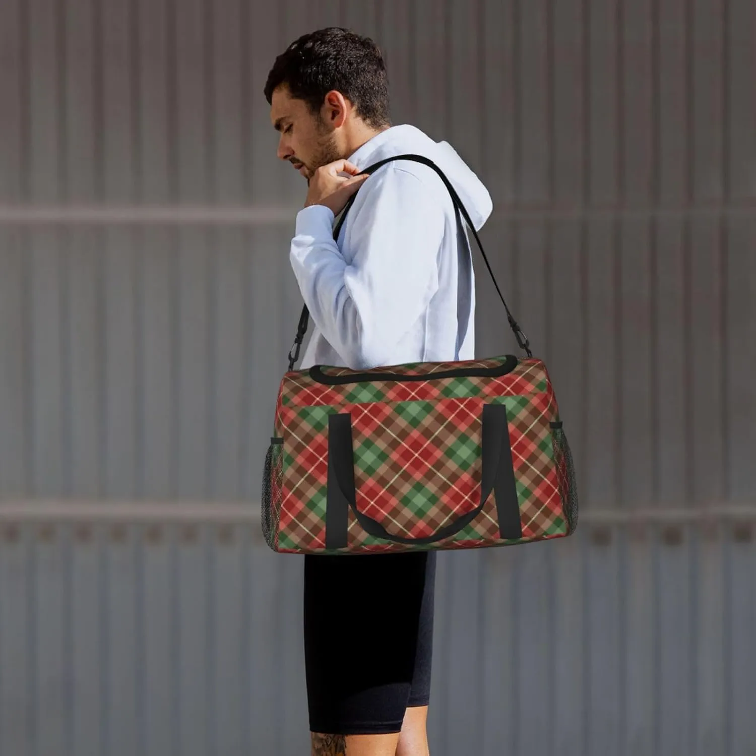Red Grid Thin Line Travel Duffel Bag Large Foldable Waterproof Overnight Bag For Beach Swim Bags Pool Sports Gym