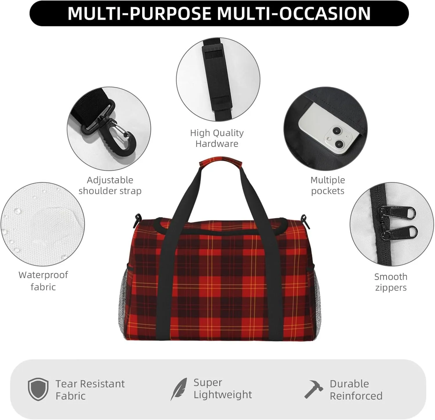 Red Grid Thin Line Travel Duffel Bag Large Foldable Waterproof Overnight Bag For Beach Swim Bags Pool Sports Gym