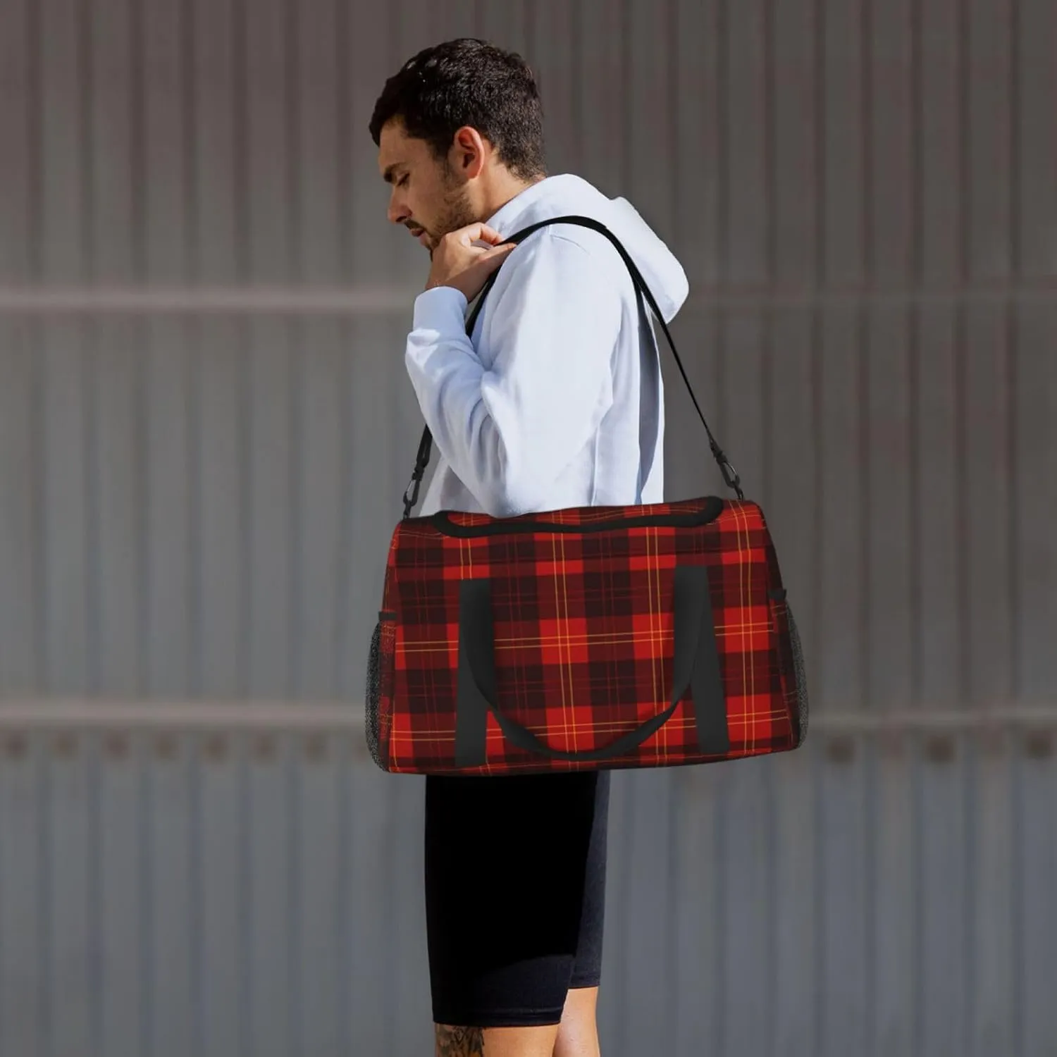 Red Grid Thin Line Travel Duffel Bag Large Foldable Waterproof Overnight Bag For Beach Swim Bags Pool Sports Gym