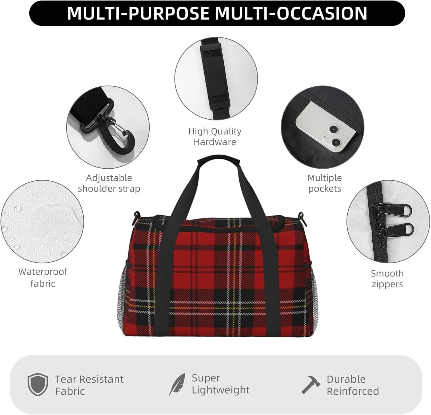 Red Grid Thin Line Travel Duffel Bag Large Foldable Waterproof Overnight Bag For Beach Swim Bags Pool Sports Gym