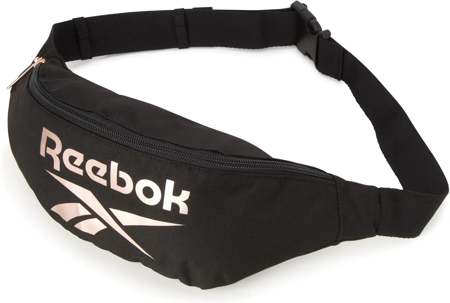 Reebok Fanny Pack - Lightweight Stylish Crossbody Waist Belt Bags for Women and Men with Adjustable Strap, Size One Size, Foundation Black With Rose Gold Logo