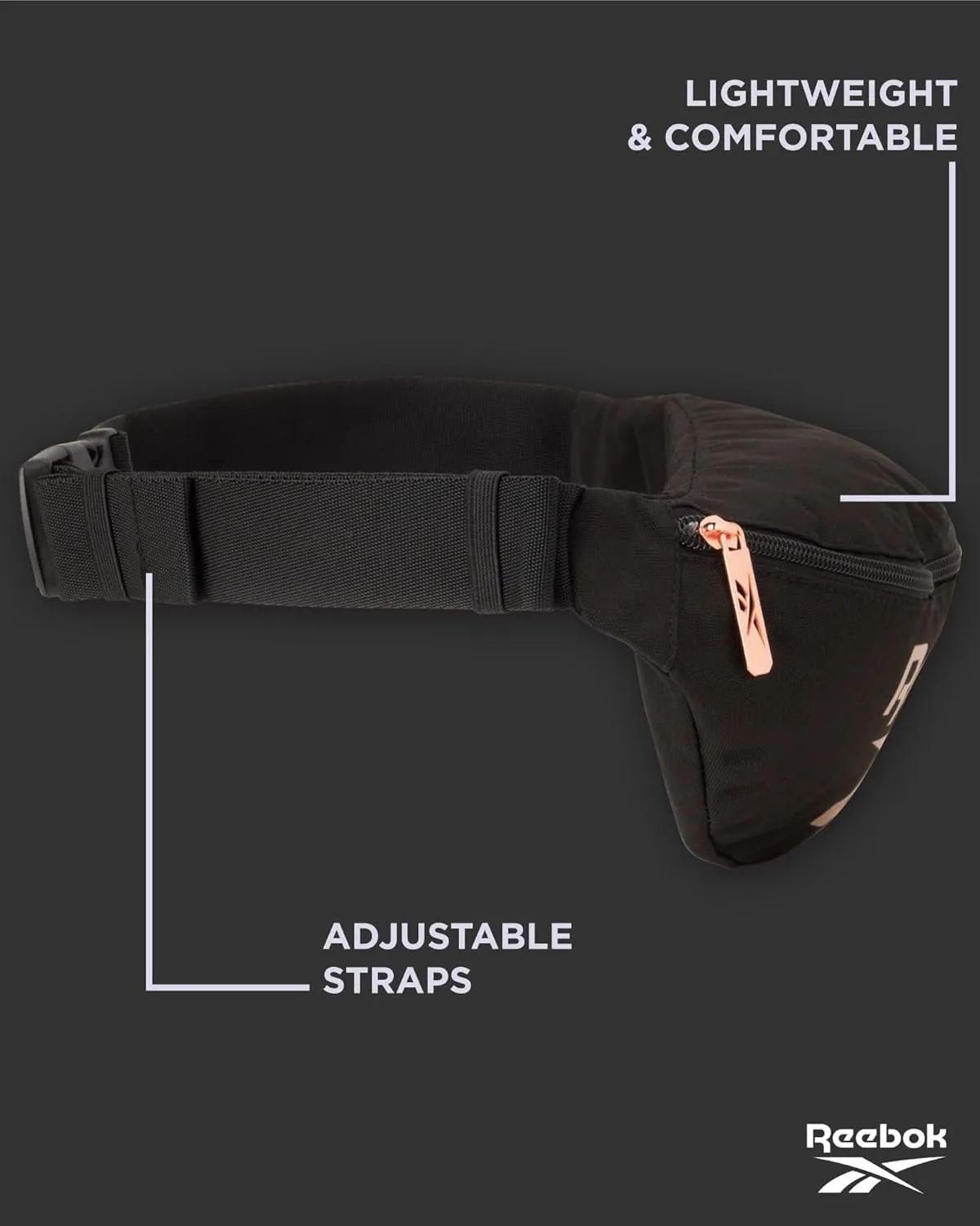Reebok Fanny Pack - Lightweight Stylish Crossbody Waist Belt Bags for Women and Men with Adjustable Strap, Size One Size, Foundation Black With Rose Gold Logo