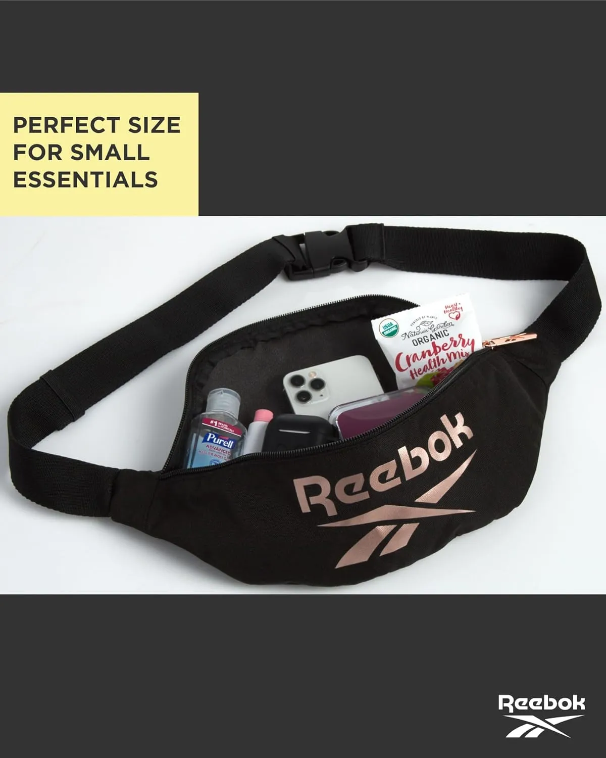 Reebok Fanny Pack - Lightweight Stylish Crossbody Waist Belt Bags for Women and Men with Adjustable Strap, Size One Size, Foundation Black With Rose Gold Logo