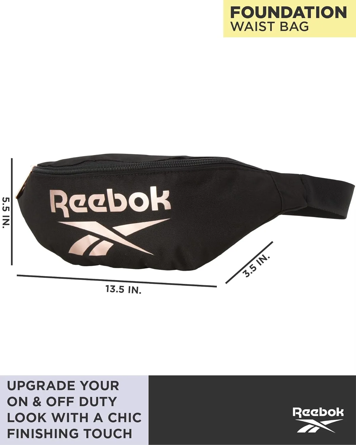 Reebok Fanny Pack - Lightweight Stylish Crossbody Waist Belt Bags for Women and Men with Adjustable Strap, Size One Size, Foundation Black With Rose Gold Logo