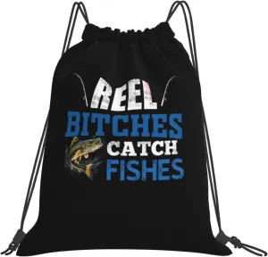 Reel Bitches Catch Fishes Fishing Outdoor Drawstring Bags Gym Bag Fashion Simple, Suitable For Men And Women, Young And Old