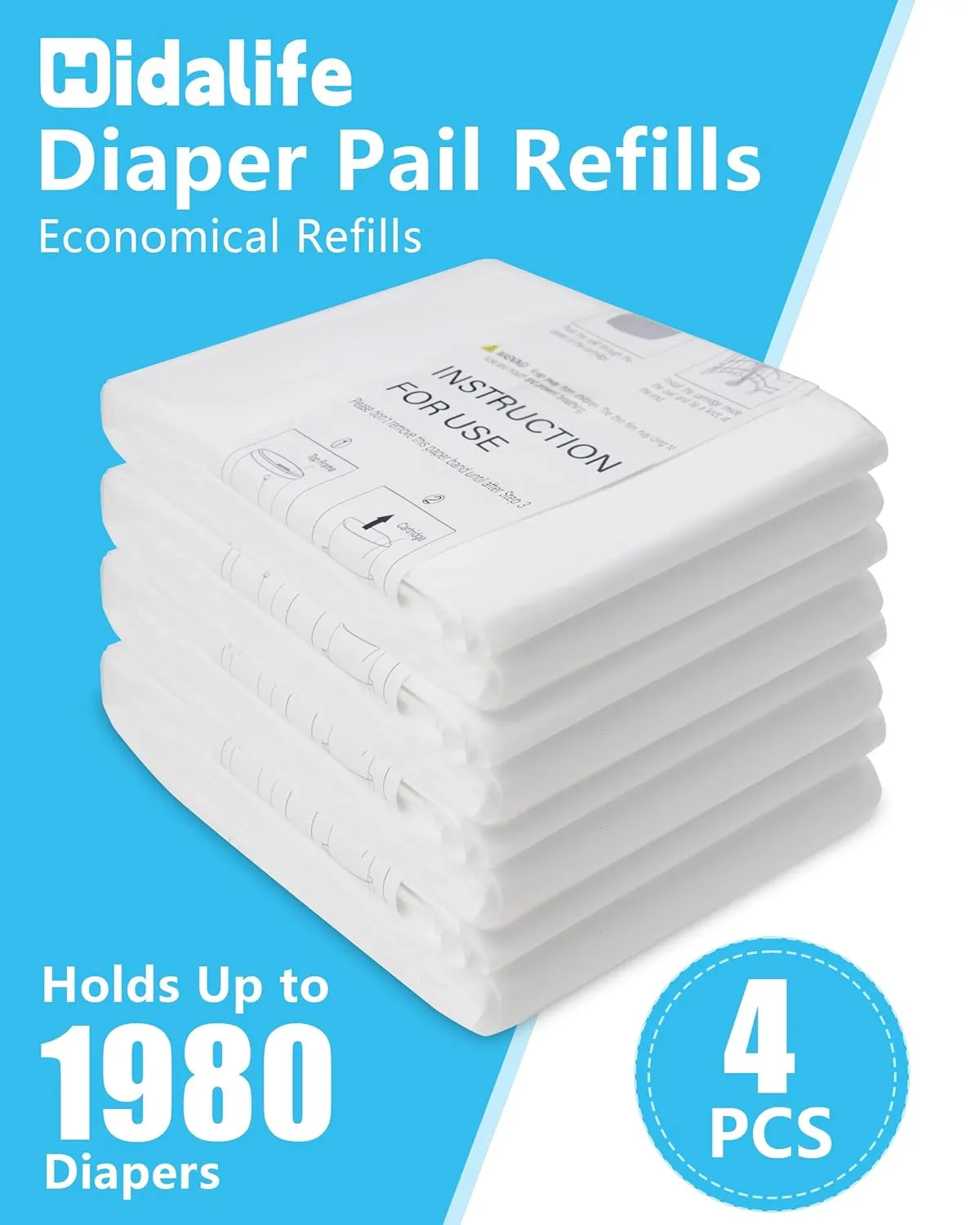 Refills Compatible with Dekor Classic Diaper Pails, Disposable Diaper Trash Bags, Extra Thick Diaper Pail Refill Liners, Hold Up to 1980 Diapers (4 Pack)