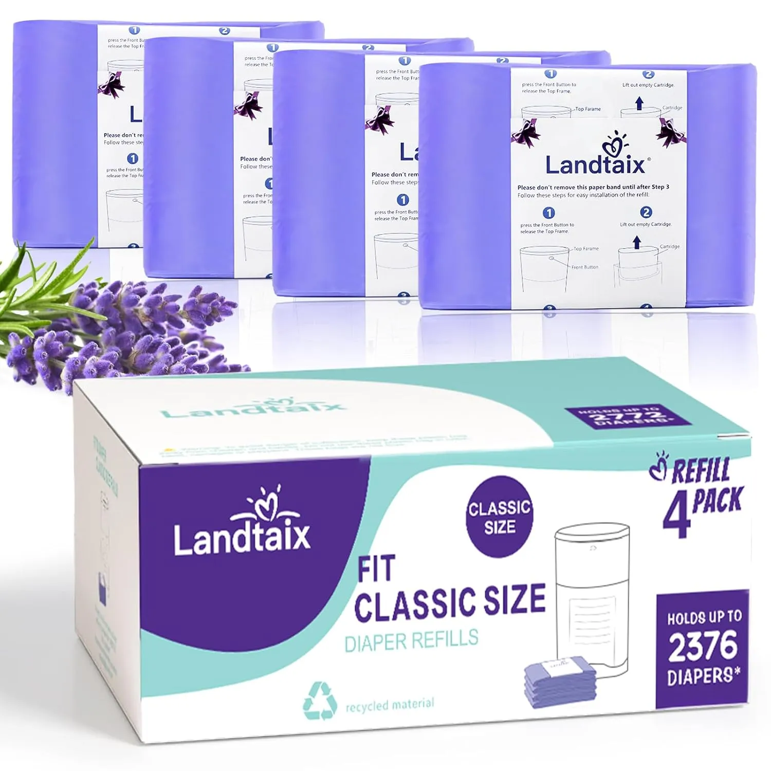 Refills Only Compatible with Dekor Classic Diaper Pail Refills|4 Pack for 2376 Diapers(Extra 20% Lengths)Diaper Pail Bags with Extra 30% Thickness Powerful Odor Eliminate Lavender Scent for Baby/Adult