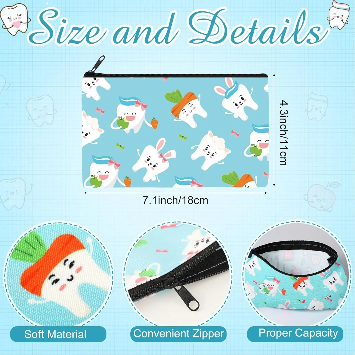 Reginary 20 Pieces Teeth Makeup Bag Teeth Cosmetic Bag for Nurse Women Dental Dentist Gift Makeup Pouch with Zipper Dental Assistant Accessories Toiletry, 7 x 4.3 Inches