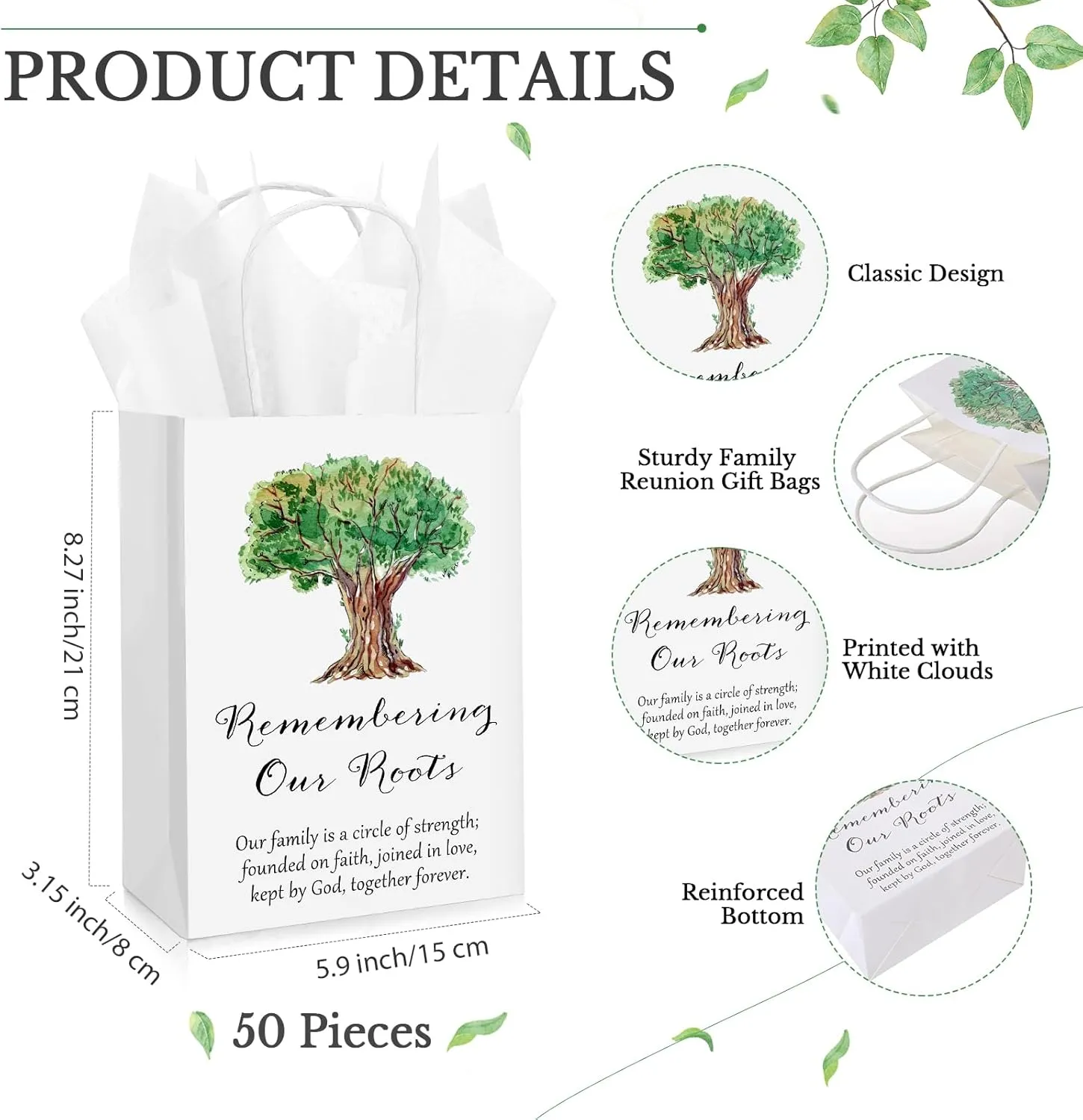 Remuuly 50 Sets Family Reunion Favor Family Reunion Gift Bags Remembering Our Roots Treat Bags Kraft Paper Bag with Tissue Paper Bags with Handle Family Tree Party Supplies, 5.9 x 3.15 x 8.27 Inches